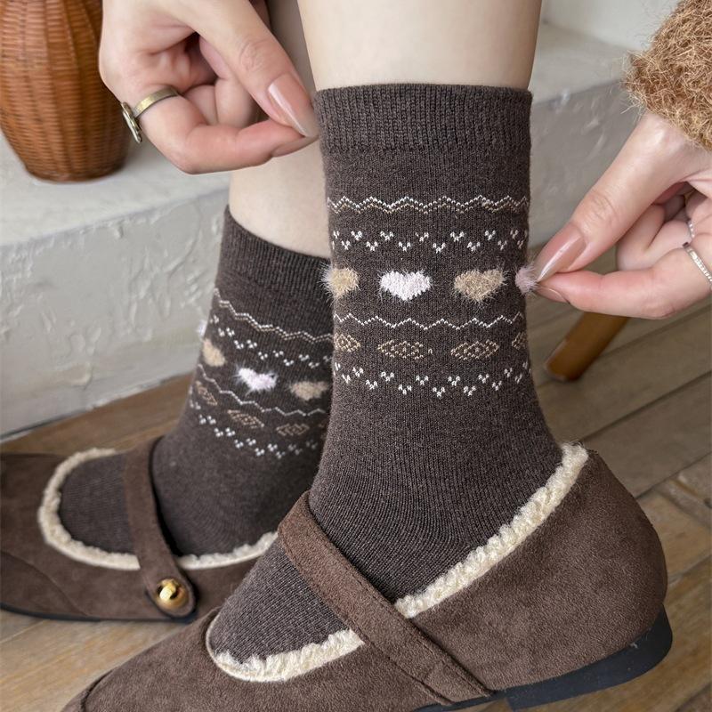 Female Autumn and Winter Warm Thick Bow Cute Puppy Wool Drum Pile Socks