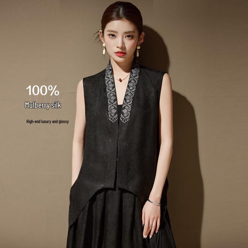Women s Elegant Mulberry Silk Embroidered Vest Blouse M чёрный