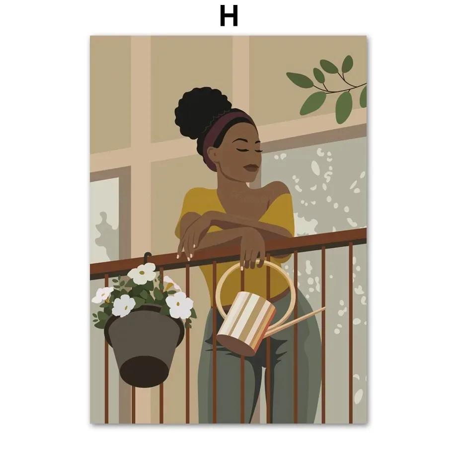 Abstract African Black Girl Swing Hand Flower Minimalist Wall Art Canvas Painting Posters for Living Room Modern Home Decor