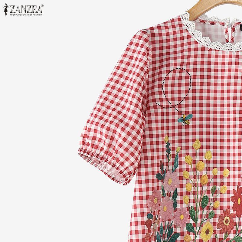 ZANZEA Women Grid Print Casual Round Neck Half Sleeve Blouse