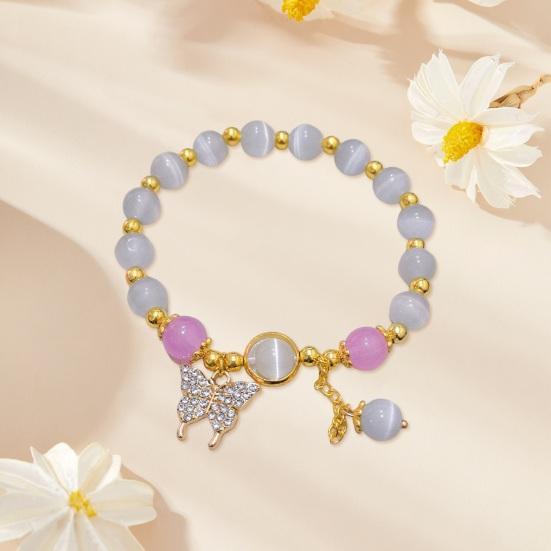 Women Bracelet with Elastic Cord Butterfly Pendant Tassel Faux Opal Contrast Color Good Fortune Symbolization Bestie Birthday Gift Wrist Jewelry