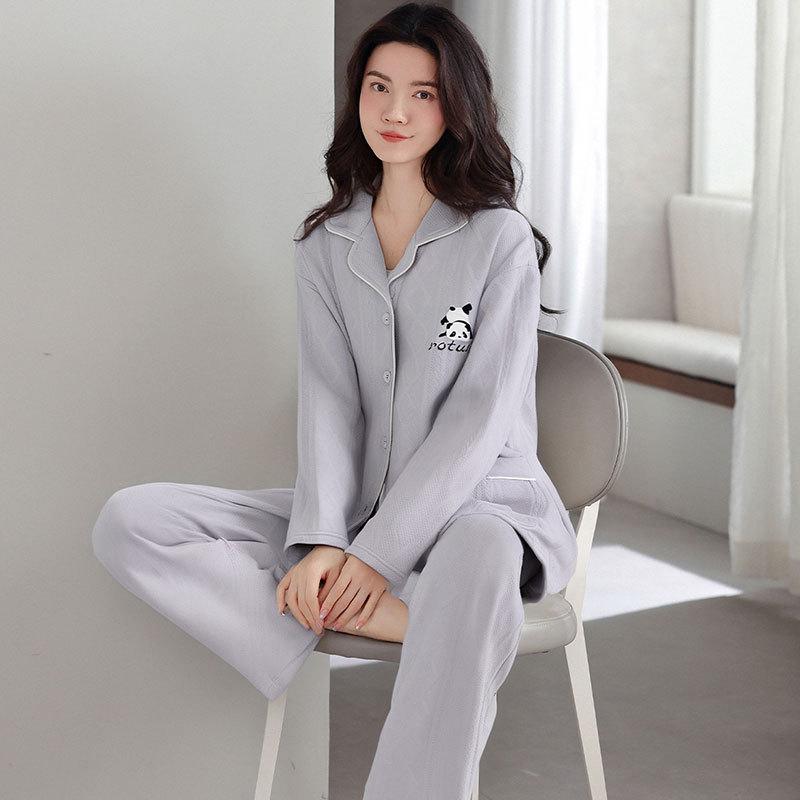 Air Cotton Sandwich Pajamas Women'S Autumn And Winter Pure Cotton Thickened Long-Sleeved Thermal Loungewear Set