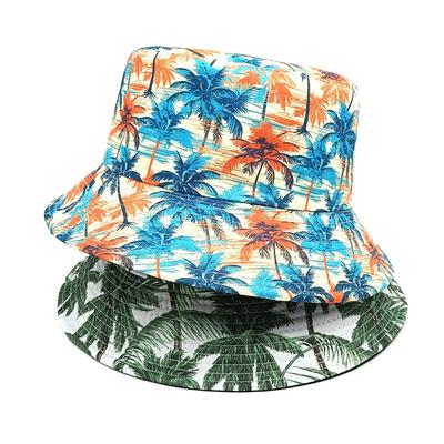 Sombrero tipo cubo de moda con estampado de palmeras, sombreros de pescador para vacaciones, gorra Panamá de doble cara, unisex, para exteriores y playa.