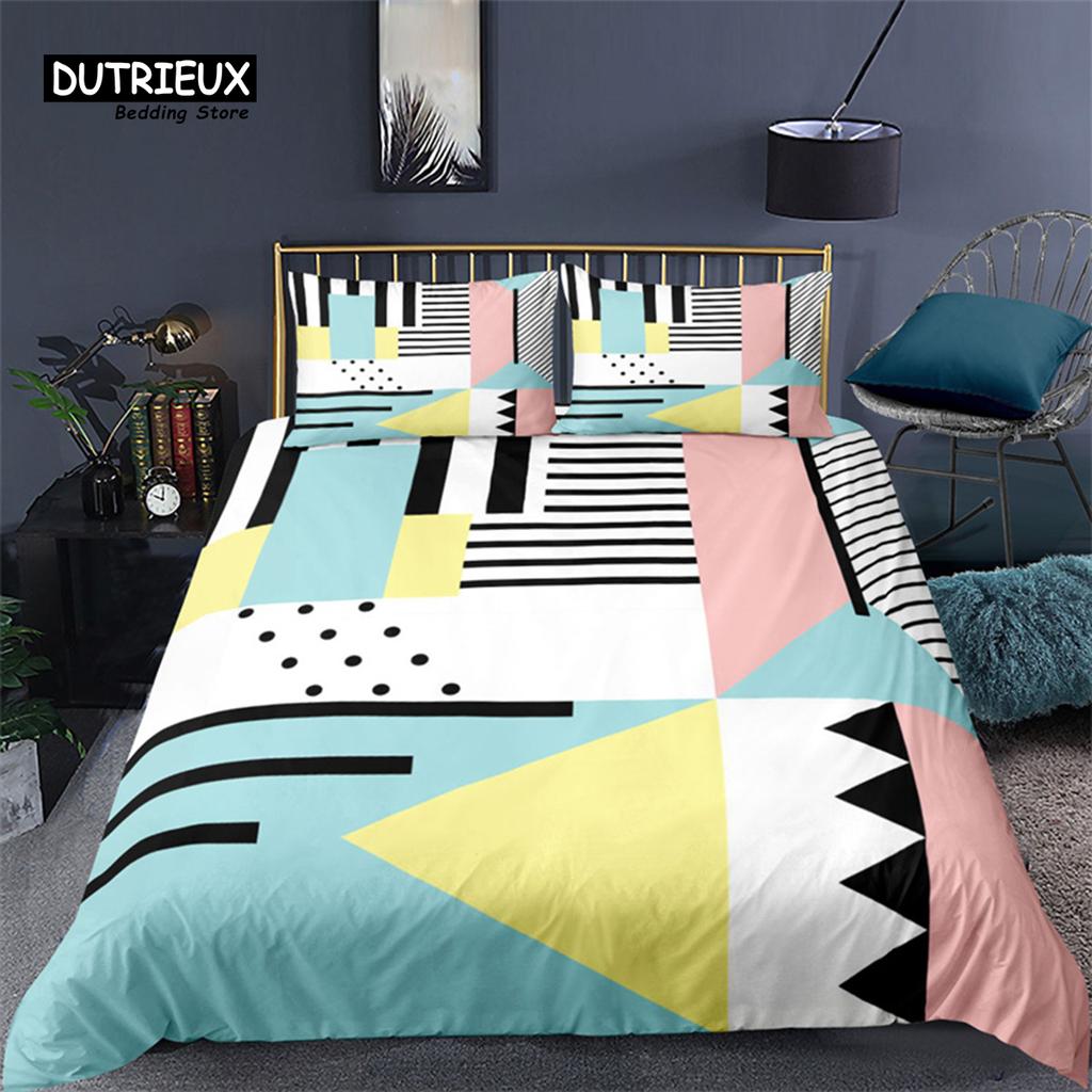 Modern Pink Geometric Bedding Set Soft Microfiber Black Marble Triangles Print Duvet Cover King With Pillowcases Bedroom Decor