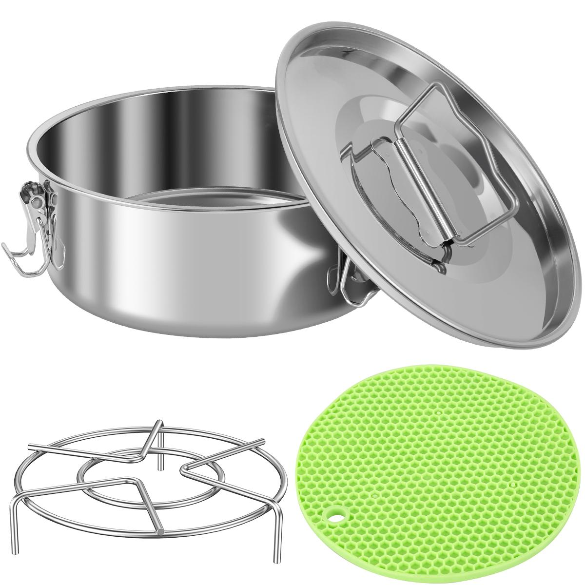 

304 Stainless Steel Flan Pan Mold Set with Steamer Rack Silicone Mat with Lid 1.5QT Round Cake Baking Mold Portable Flan Maker