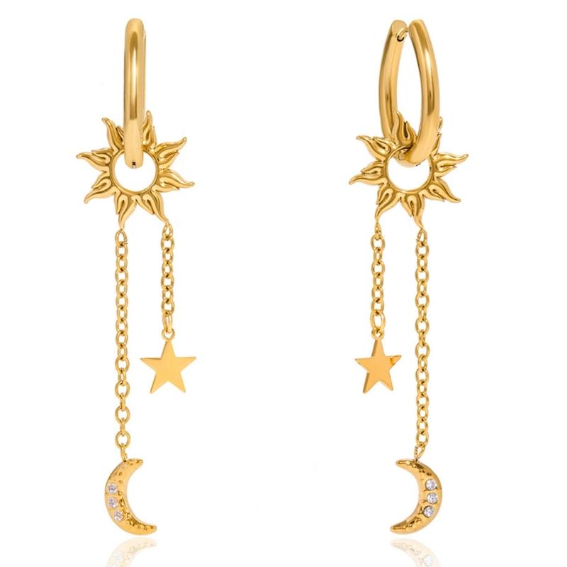Celestials Dangle Earrings Featuring Crescent Star Charm Crystals Accent and Movable Tassels Detailing 1