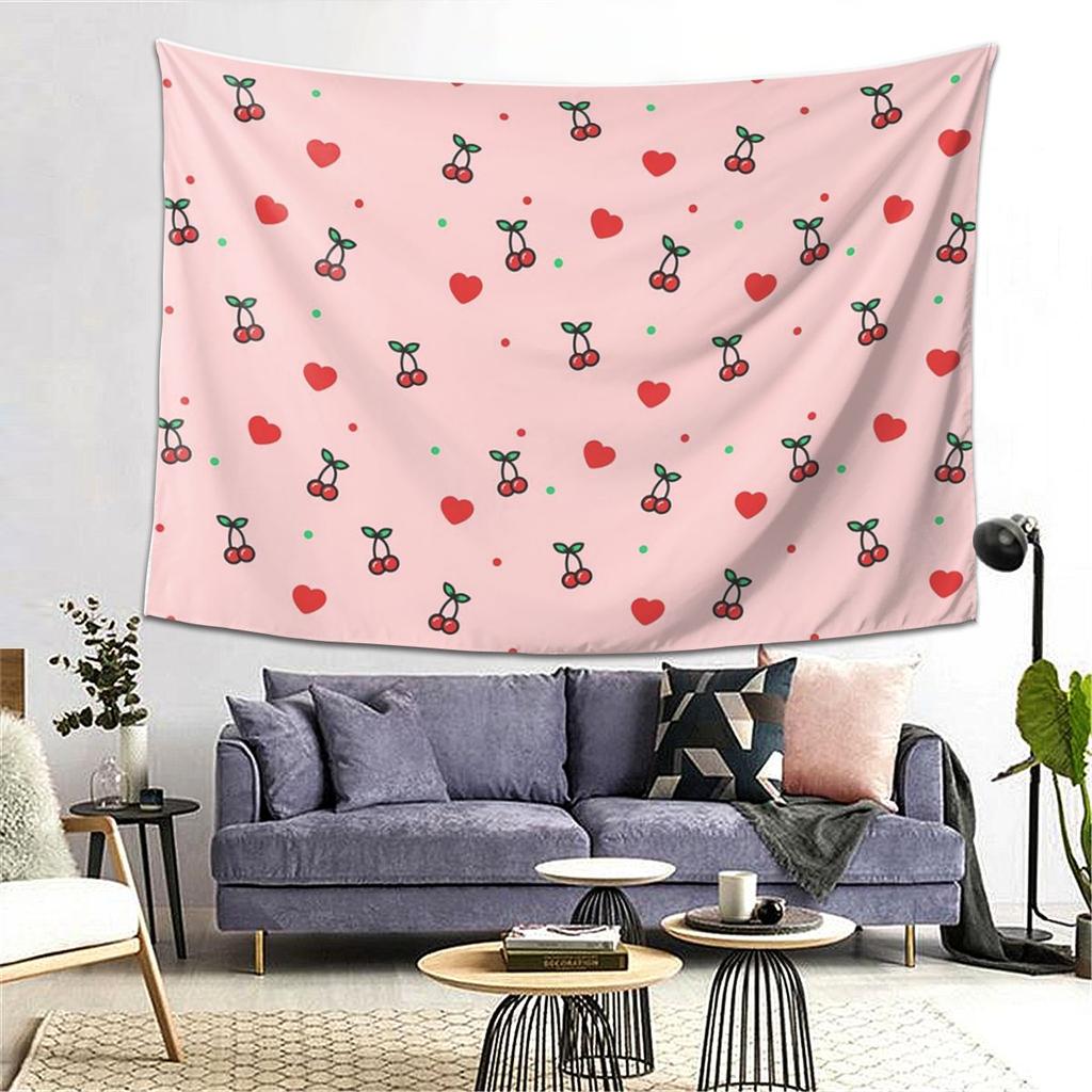 Cherry Heart Design Pattern With Pink Background Tapestry Wall Hanging Aesthetic Home Decor Tapestries for Living Room Bedroom