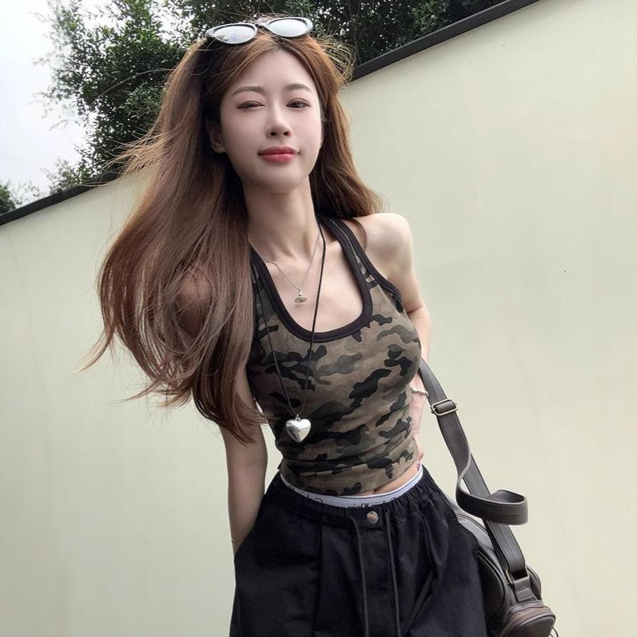 Women's Camo Print U Neck Tank Top Sleeveless Slim Cropped Camisole Vintage Streetwear Y2K Hot Girl Summer Crop Vest