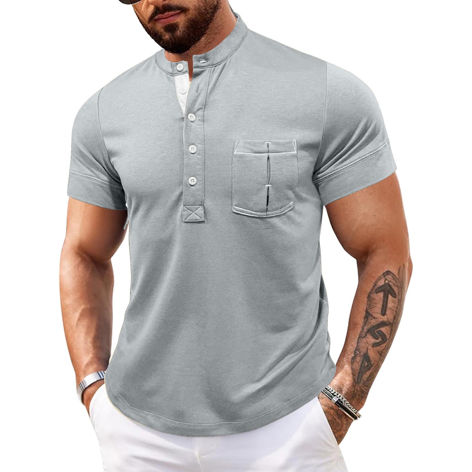 Men s Casual Solid-color Outdoor Sports Shirt Men s Cotton-like Round-neck Pocket Short-sleeved Shirt Top XL светло-серый 1860₽