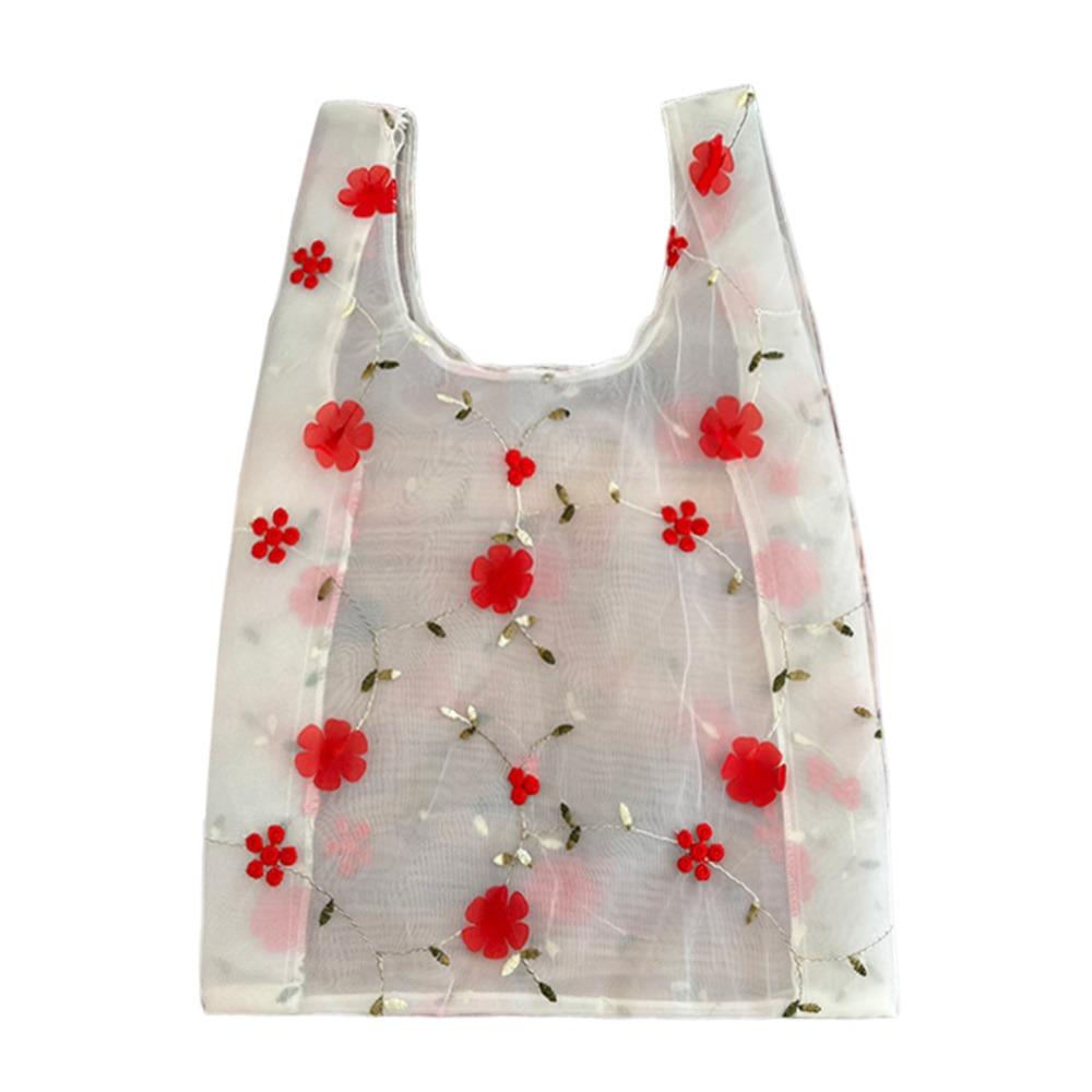 Double Organza Flower Embroidery Hand Bag Clear Jelly Light Material Mesh Shopping Bag Yarn Cloth Organza Tote Bag Shoulder Bag