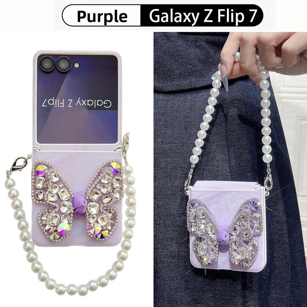 Butterfly Diamond and Gorgeous Pearl Wrist Phone Case for Samsung Galaxy Z Flip 7 FE 6 5 4 Start Wrist Strap Protective Cover