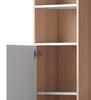 Work Table/Desk with Storage – White with Wood-Strip Contrast, lower cabinet with doors and upper open shelf, office design, 123.5x45x168.5 cm