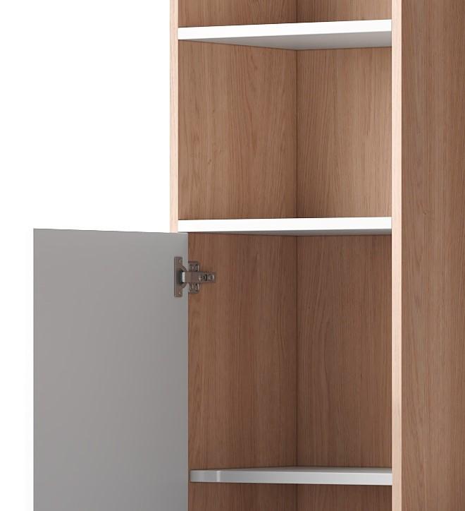 Work Table/Desk with Storage – White with Wood-Strip Contrast, lower cabinet with doors and upper open shelf, office design, 123.5x45x168.5 cm
