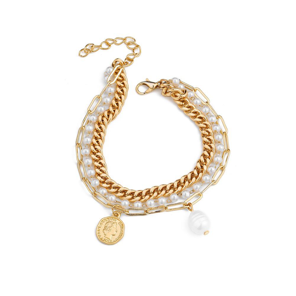 

Women s Bracelet Metal Letter and Coin Pendant All-match Multi-layer Pearl Chain Golden #1