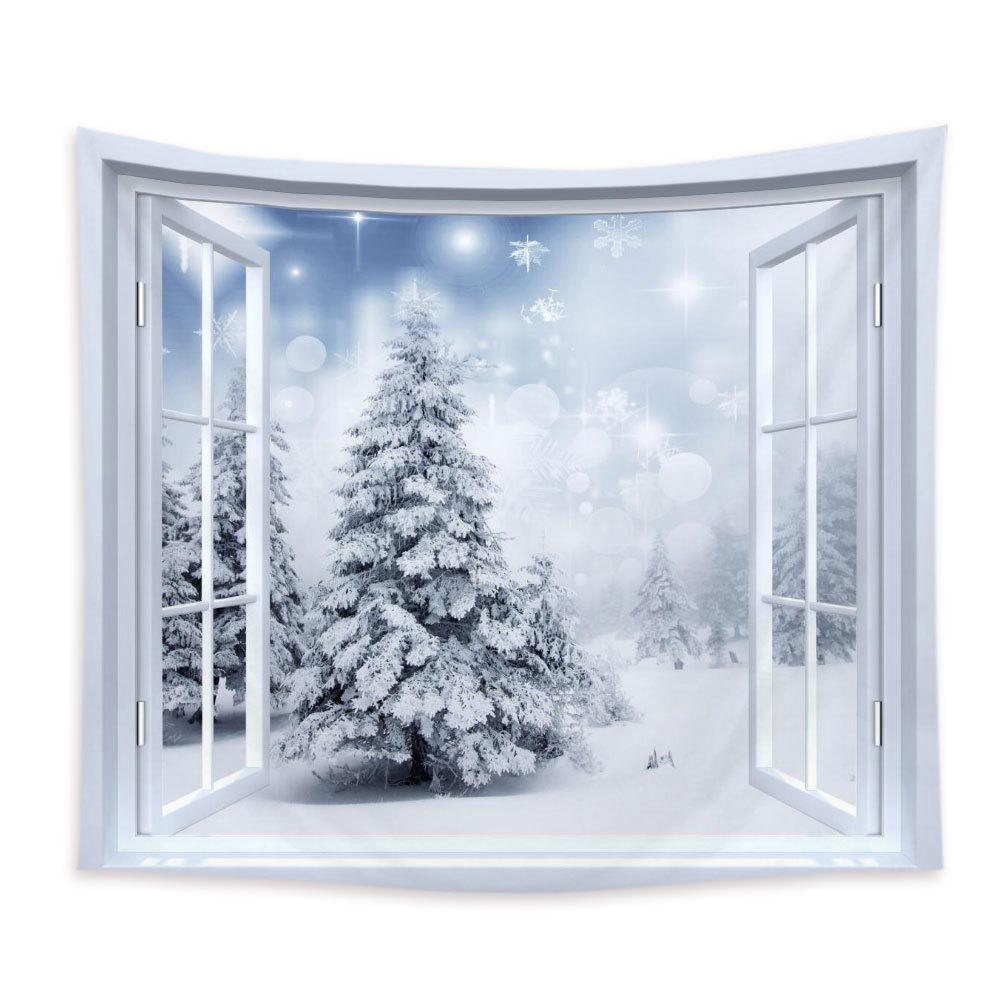 

Зимний оконный пейзаж Снежный настенный гобелен Рождественская настенная елка настенная великолепная рождественская елка камин подарки 95*73cm