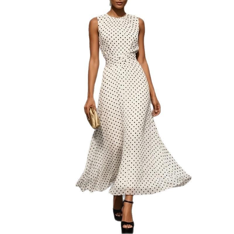 2026 Damen Elegantes Gepunktetes Ärmelloses Figurbetontes Midi-Kleid Hohe Taille Rundhals Büro-Chic