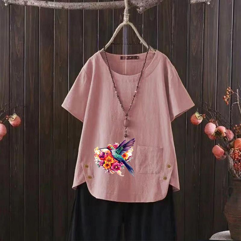 New Bird Print V-neck Cotton Hemp T-shirt for Women - 2025 Summer Light & Stylish