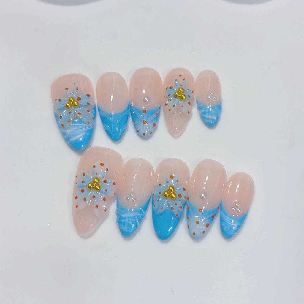 Almond Shape 3D Carved Blue Polka Dot Nails - Pure Handmade Wearable Style
