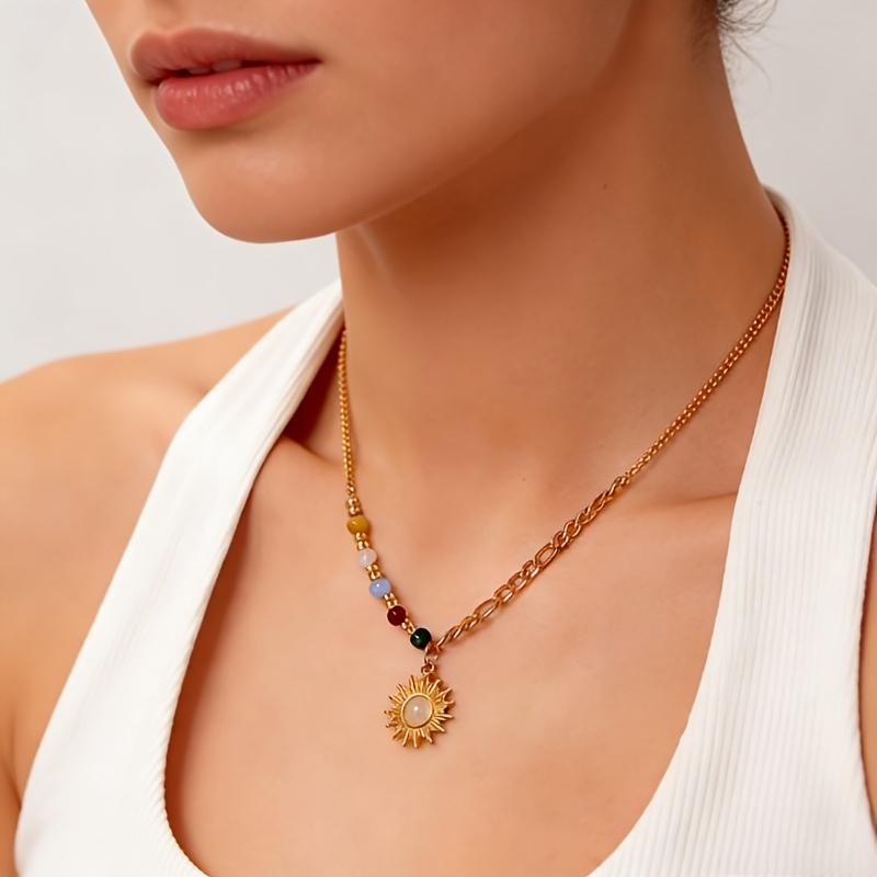 1PC Gold Opal Sun Pendant Mixed Color Stone Stainless Steel Pendant Necklace, French Retro