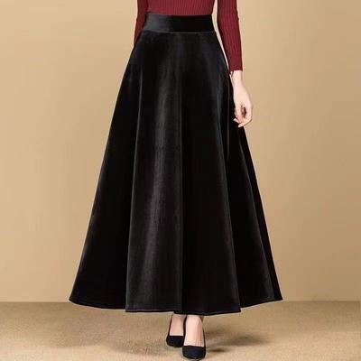 Herbst Damen Gold Samt Lang Hohe Taille A-Linien Rock Schwarz