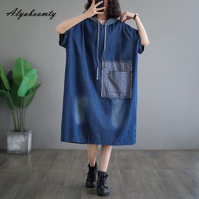 Koreansk stil sommer kvinner overdimensjonert dongeri kjole hette blå pluss størrelse Uformell løs midikjole kortermet baggy vintage kjole med lomme