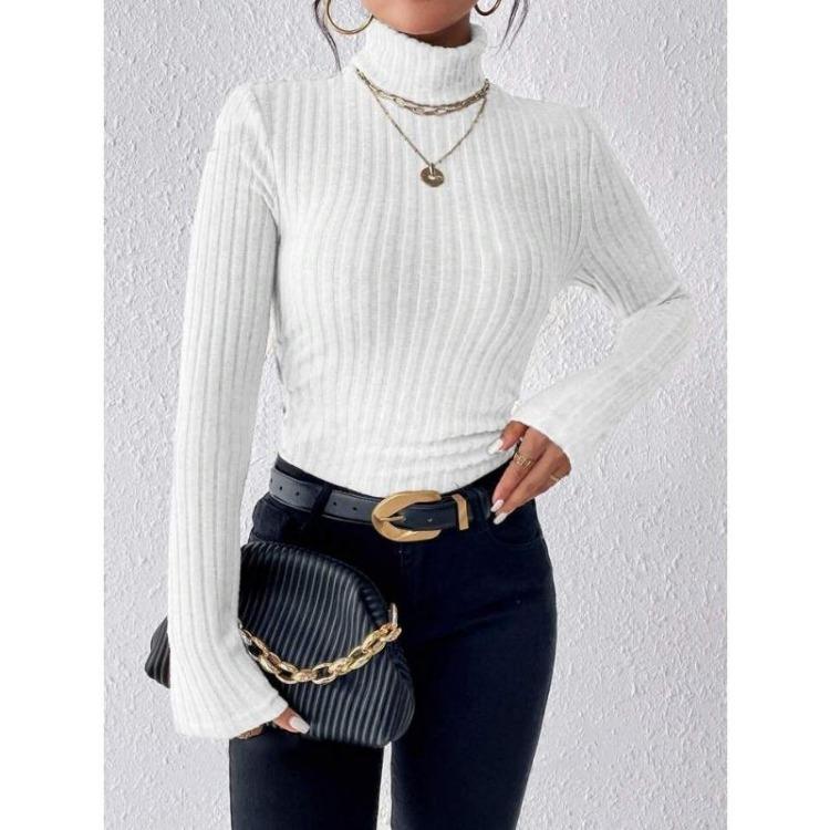 Elegant High Neck Slim Sweater for Women Long Sleeve Solid Color Autumn Winter Clothing