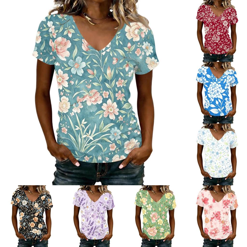 Camiseta Floral de Manga Corta con Cuello en V para Mujer, Informal, Holgada, Ligera, Pulóver para Uso Diario, Oficina, Escuela, Viajes