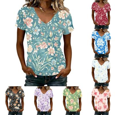 Damen V-Ausschnitt Kurzarm Blumenprint T-Shirt Lässiger Lockerer Sitz Leichter Pullover Top für Tägliche Kleidung Büro Schule Reisen