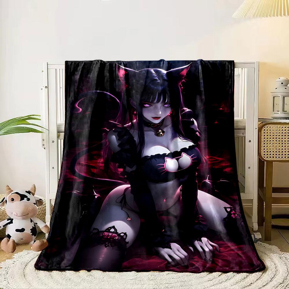 Dark feline-themed attire with cat ears, bell collar, and red accents. for all seasons blanket lunch break throw gift 80cm x 120cm