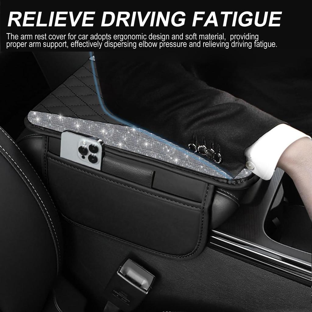 NBTEPEM Bling Car Center Console Cover, Leather Middle Console Cover With 2 Storage Bags, Universal Arm Rest Cover Protector, Bling Car Accessories