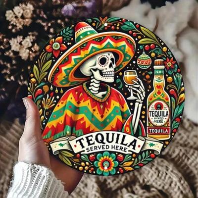 Vintage Skeleton Sombrero Tin Metal Wall Art Decor Aluminum Sign