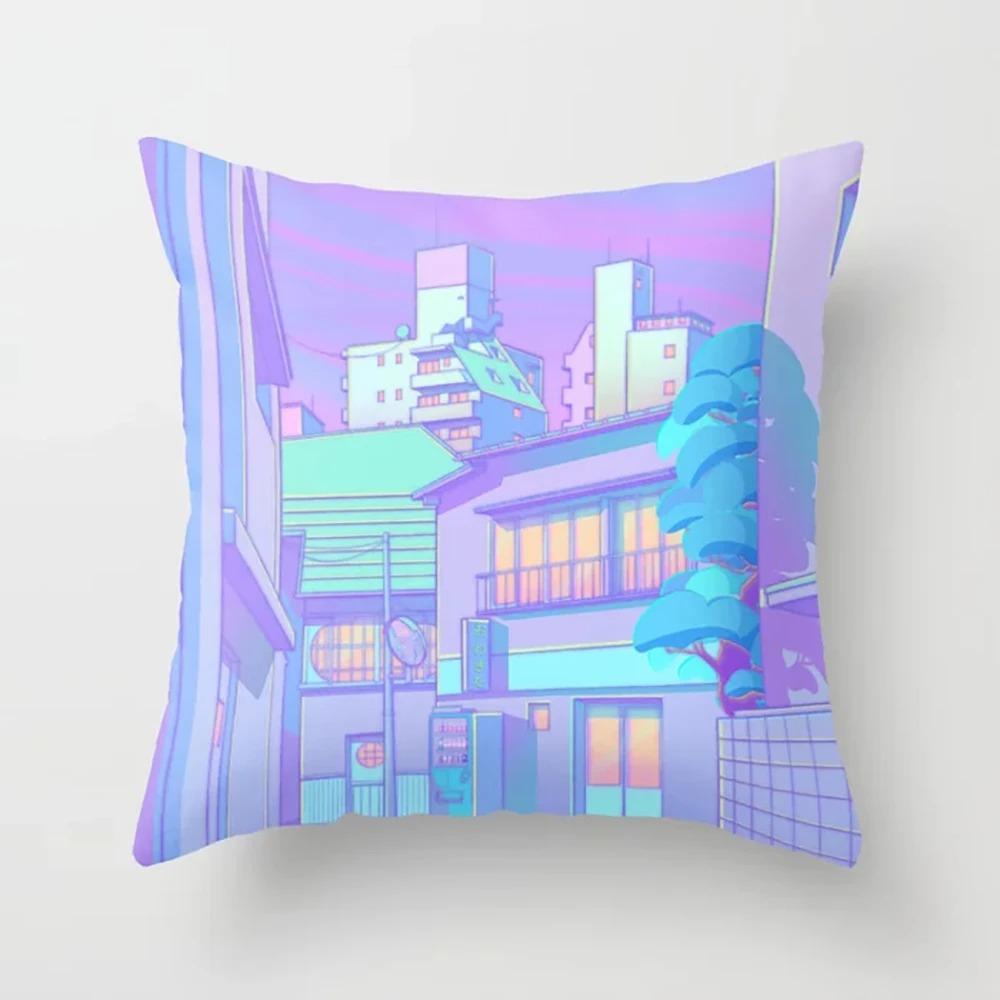 Pink Cartoon City Print Pillowcase Car Ornaments Office Living Room Home Pillowcase