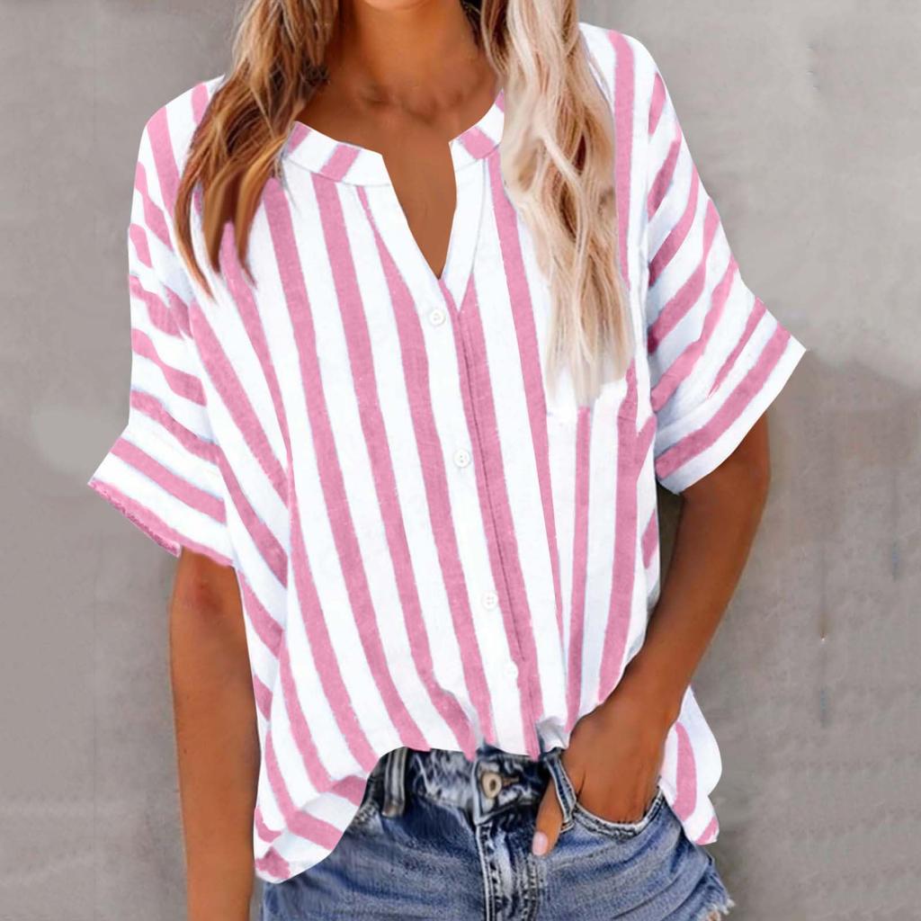 Women's Fashion Loose-Fit V-Neck Button-Down Striped Contrast-Color Short-Sleeve Shirt