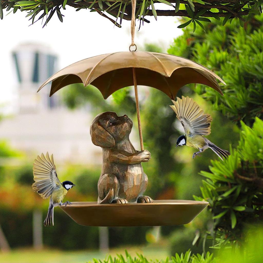 Animal Bird Feeder With Umbrella - Cute Squirrel//Dog Holding Umbrella Design Bird Feeder - Metal Feeders For Garden Yard Decor, For Birds Lovers