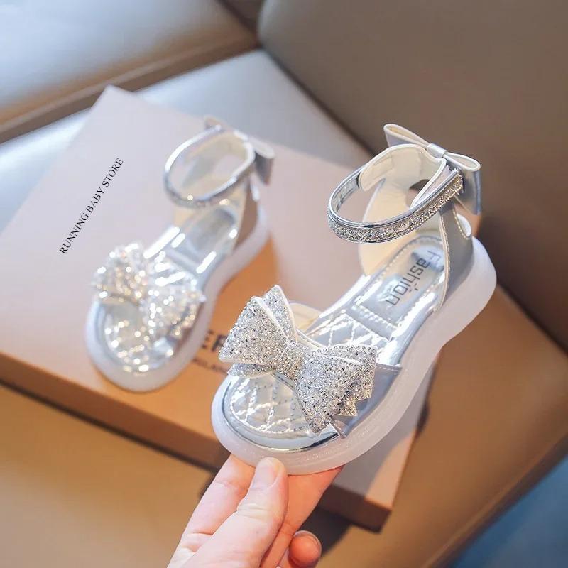 Girls Princess Sandals Summer Baby Sparkly Rhinestones Bow Shoes Fashion Non-slip Flat Children's Sandals Boots