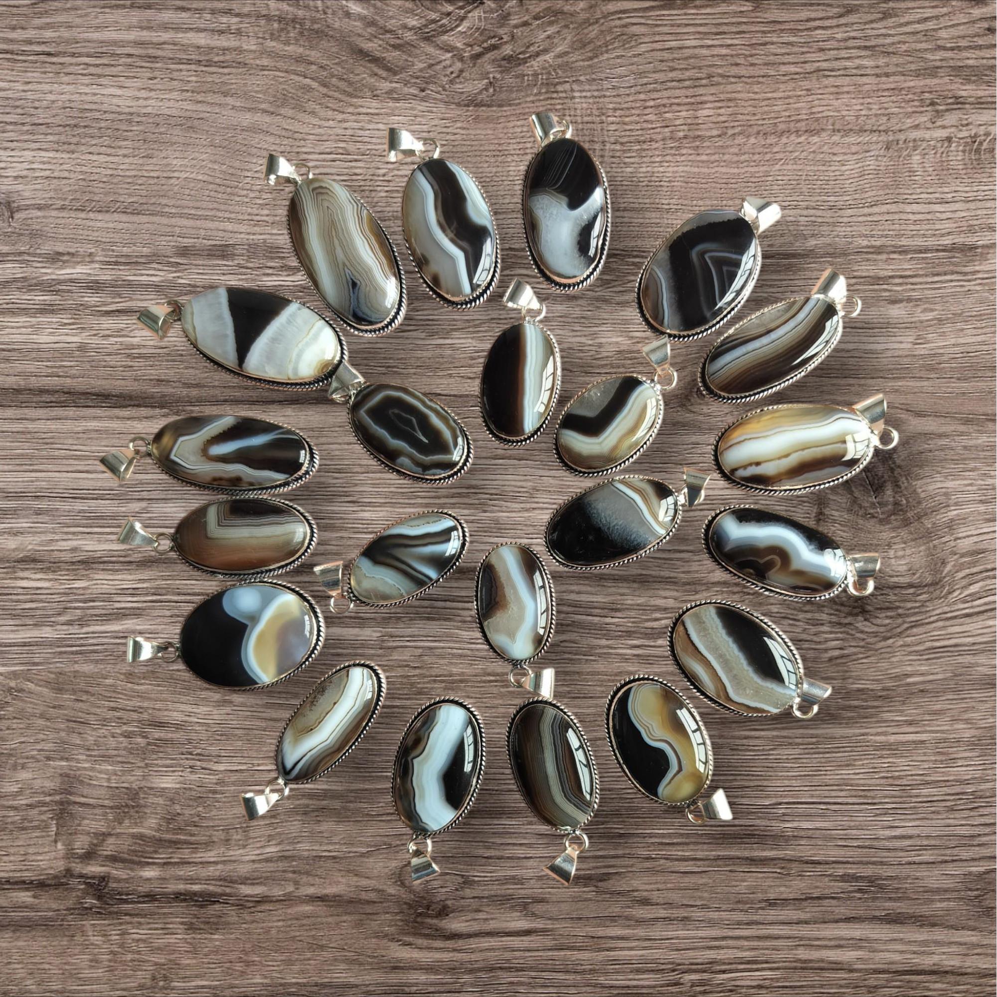 

5 pcs Pendant Black Botswana Agate Mix Lot Gemstone Ethnic Style Silver Jewelry чёрный