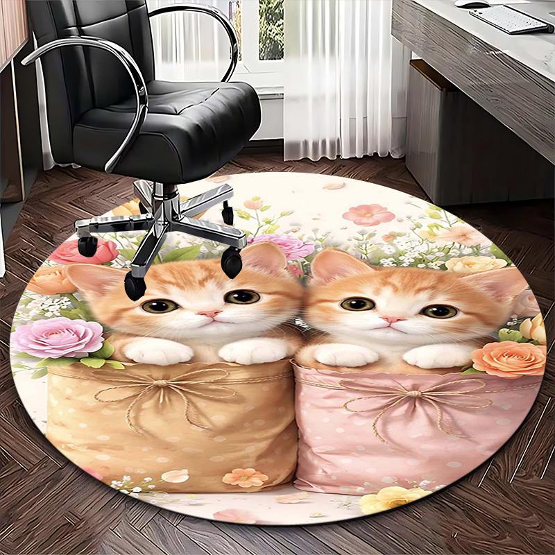 1pc Cute Cat Round Carpet - Floral Design Office Chair Mat, Non-Slip Rug for Home Decor, Suitable for All Seasons and Occasions.H003