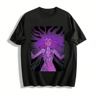 Cyberpunk Purple-Haired Girl Print T-Shirt Dark Street Style Loose Casual Top for Trendsetters Pure Cotton T-shirt