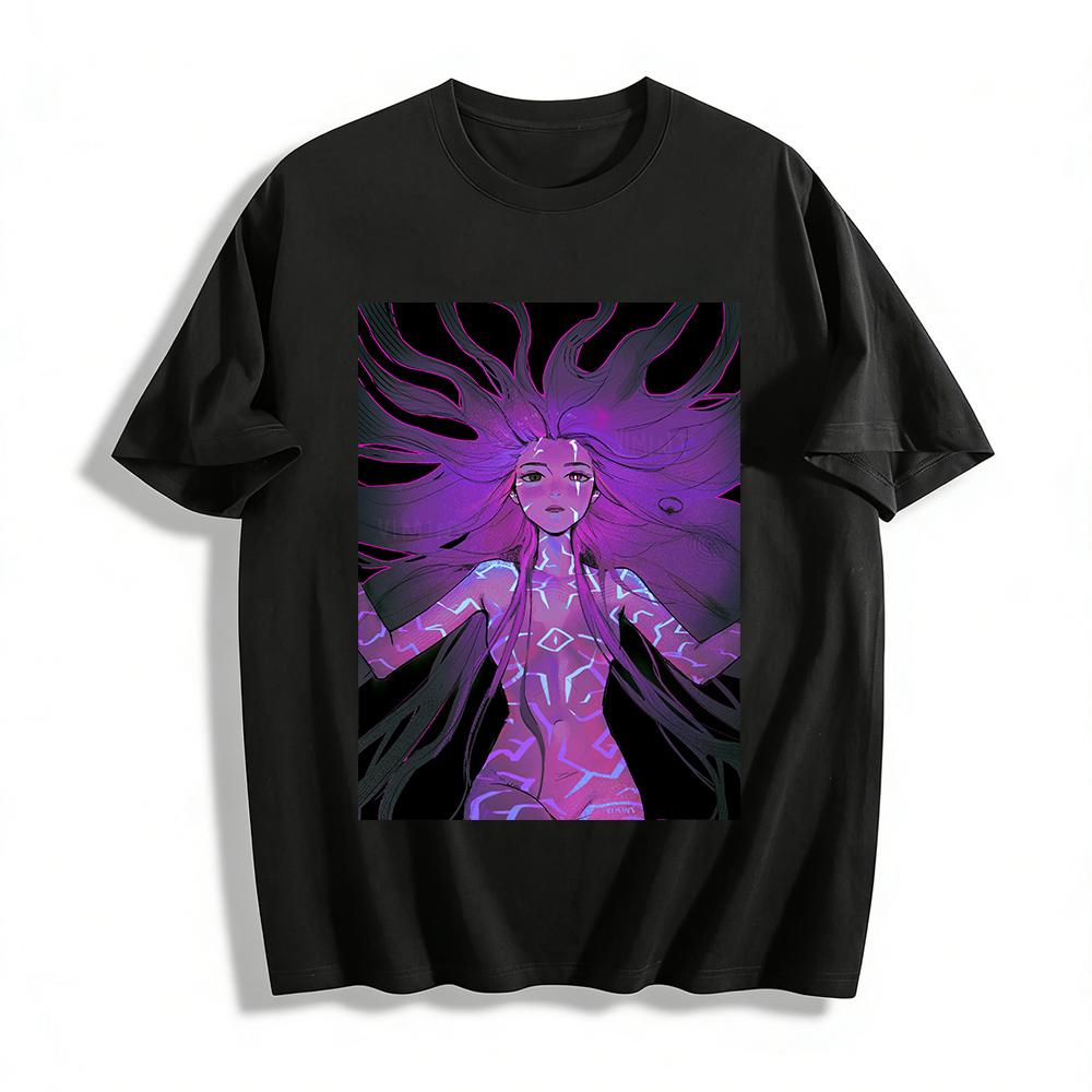 Cyberpunk Purple-Haired Girl Print T-Shirt Dark Street Style Loose Casual Top for Trendsetters Pure cotton T-shirt