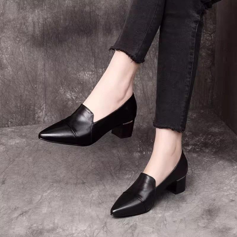 Spring New High Heels Women's Middle Heel Single Shoes Soft Leather Shallow Mouth Four Seasons Single Shoes Pointed Thick Heel Leather Shoes