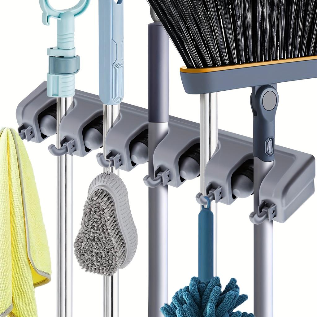 1pc Broom & Mop Holder, Wall Mounted Garden Tool Organizer, Garage Organization And Storage Utility Rack, 5 Slots & 6 Hooks