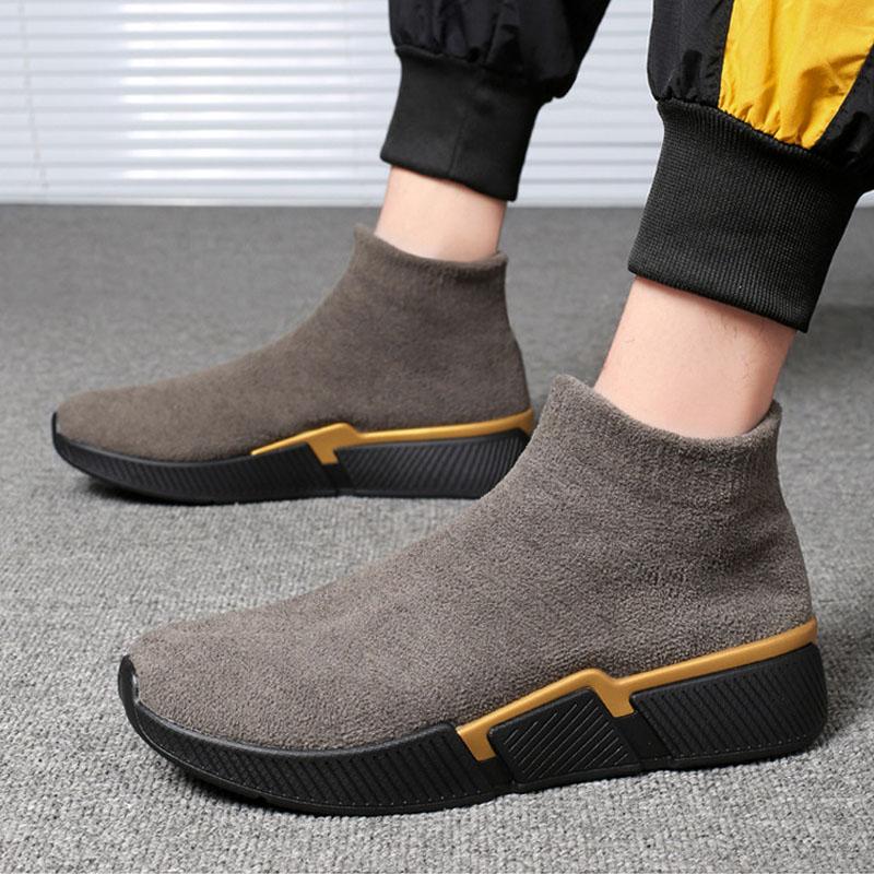 Sizes 39-46 Autumn Winter Sneakers Men Boots Coral Velvet Warm Ankle Boots Male Stretch Slip-on Sock Shoes Platform Casual Shoes