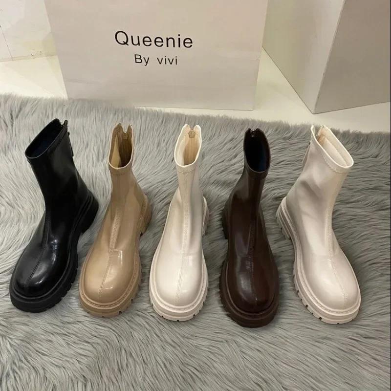 Fashion 2024 Hot Sale Ladies Shoes Zipper Women's Boots Spring Autumn Round Toe Solid Short Barrel Platform Chunky Heels Fashion Boots