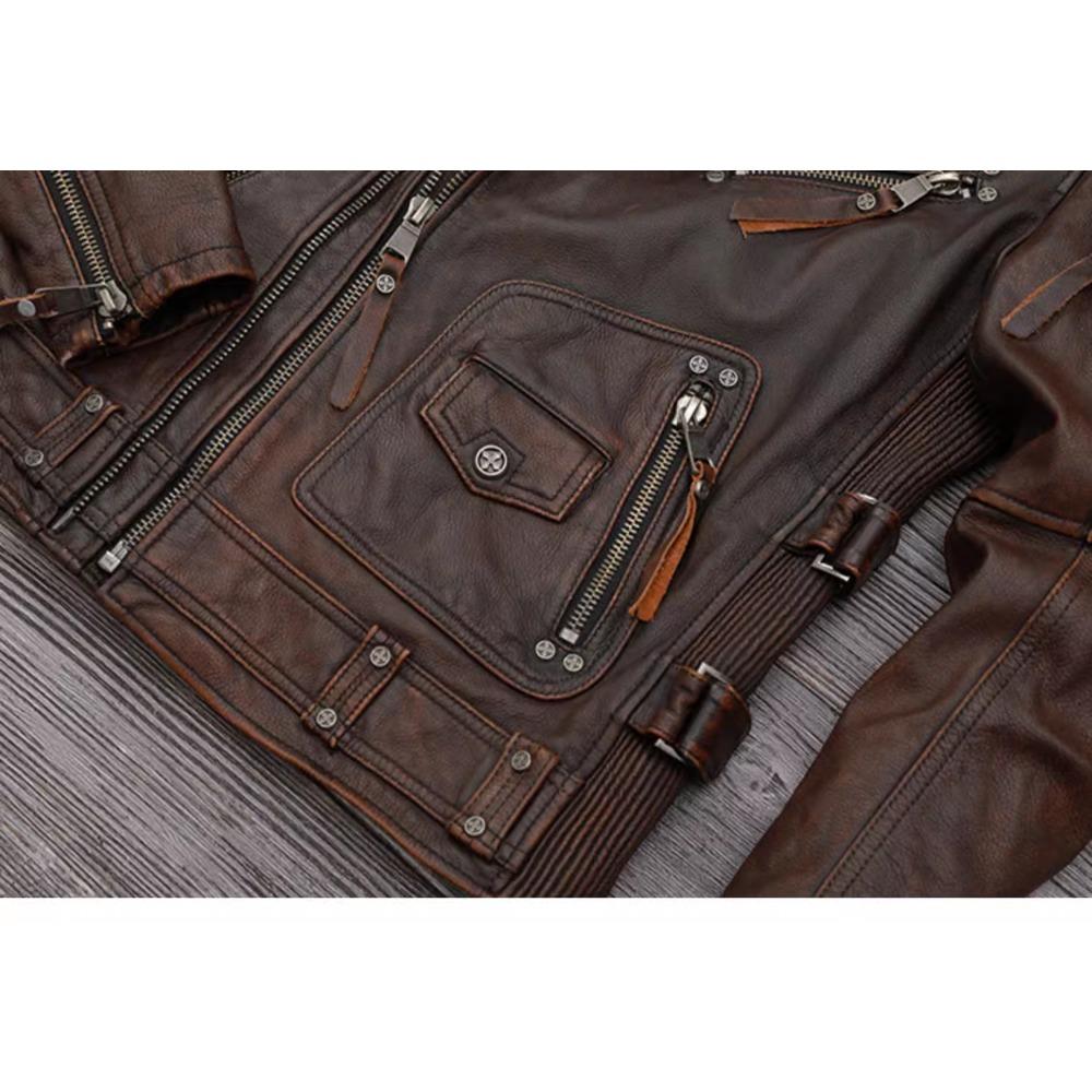 Chinese Size Heavy Motorcycle Jacket Natural Cowhide Leather Top Layer Brown Causal Vintage Retro Moto Suit Leather Coat Winter