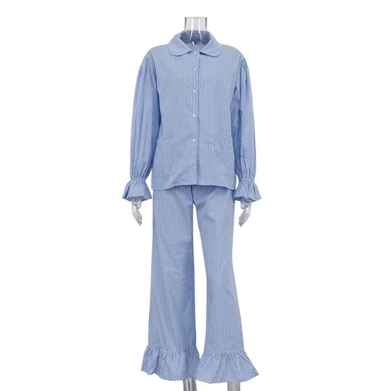 

European and American Fashion Plaid Shirts Frill Trousers Set Checked Shirt and Pants Set Blue L