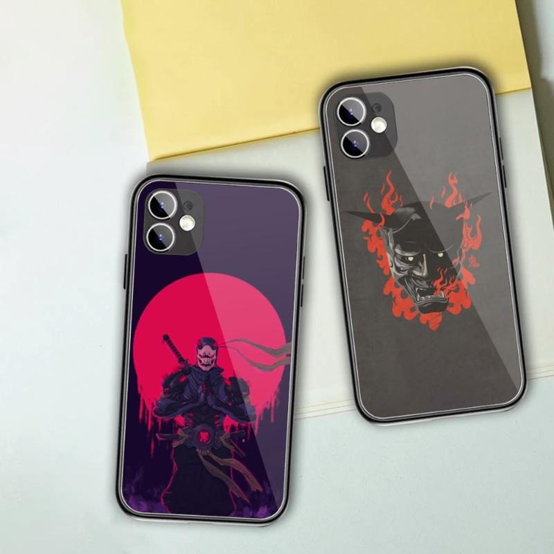 Samurai-Maske Handyhülle für iPhone 14 13 12 11 XS X 8 7 6 Plus Mini Pro Max SE 2022 Schwarze PC TPU Glas Handyhülle