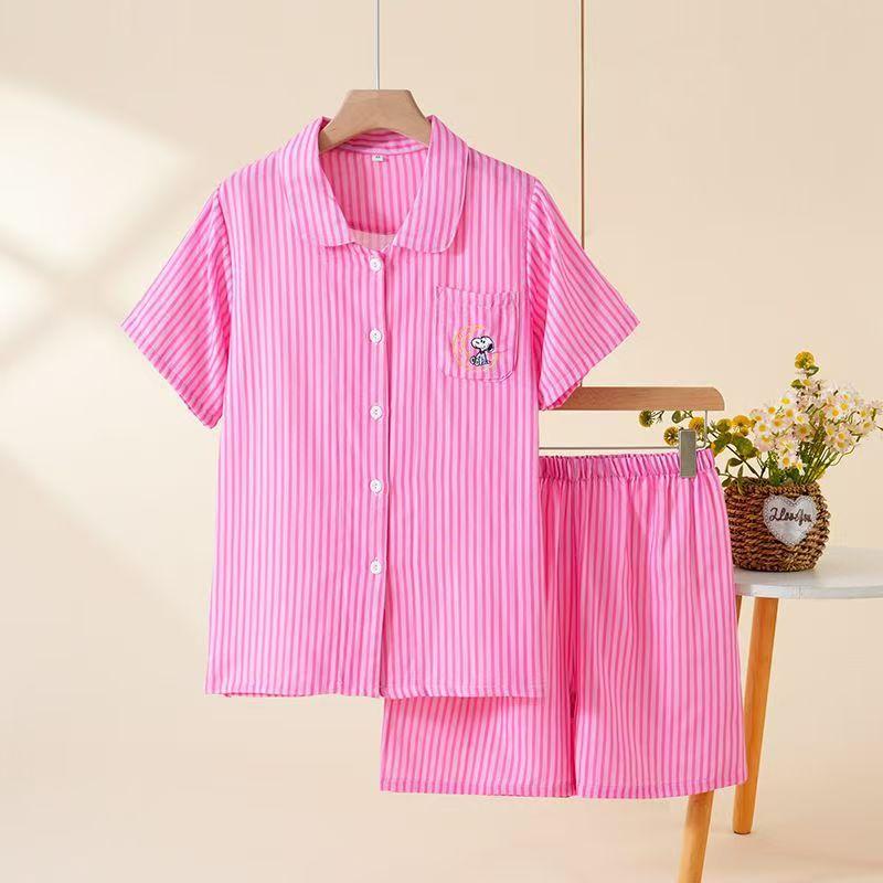 [Short] Summer pajamas women's new% cotton cartoon cardigan double-layer yarn loungewear set