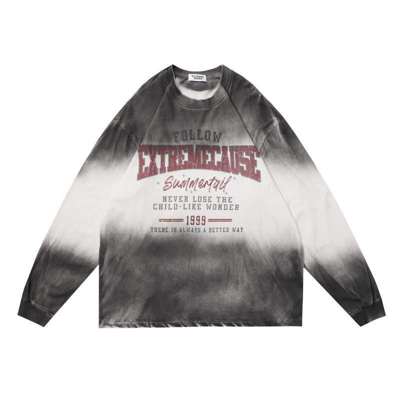 Mens Oversized Cotton Long Sleeve Tee With Distressed Ink Print Vintage Streetwear Style Loose Fit Fall