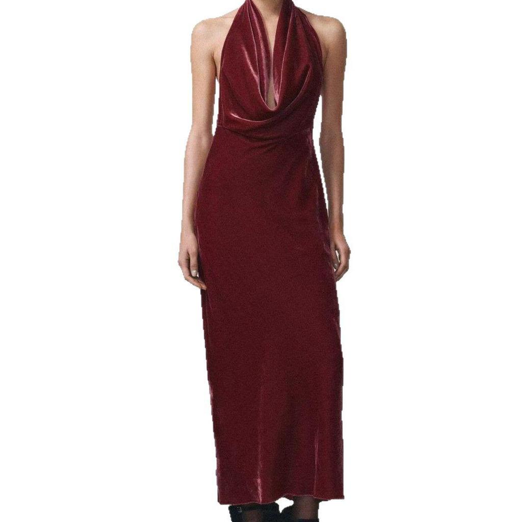 Velvet Halter Neck Backless A-line Midi Dress - Spring & Autumn Women's European Style