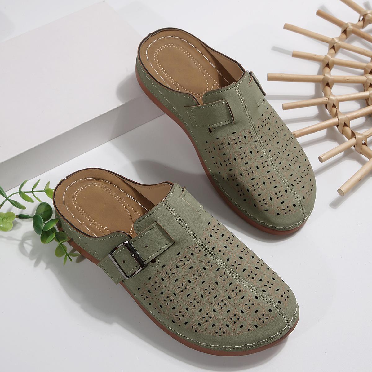 

Внешняя торговля тапочки большого размера женские лето 2025 новые европейские и американские с сумкой на носке металлическая пряжка полые женские туфли тапочки 43 зелёный